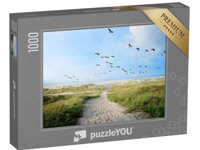 Puzzle 1000 Teile „Ein großer Schwarm Löffelenten über den Dünen von Langeoog, Deutschland“