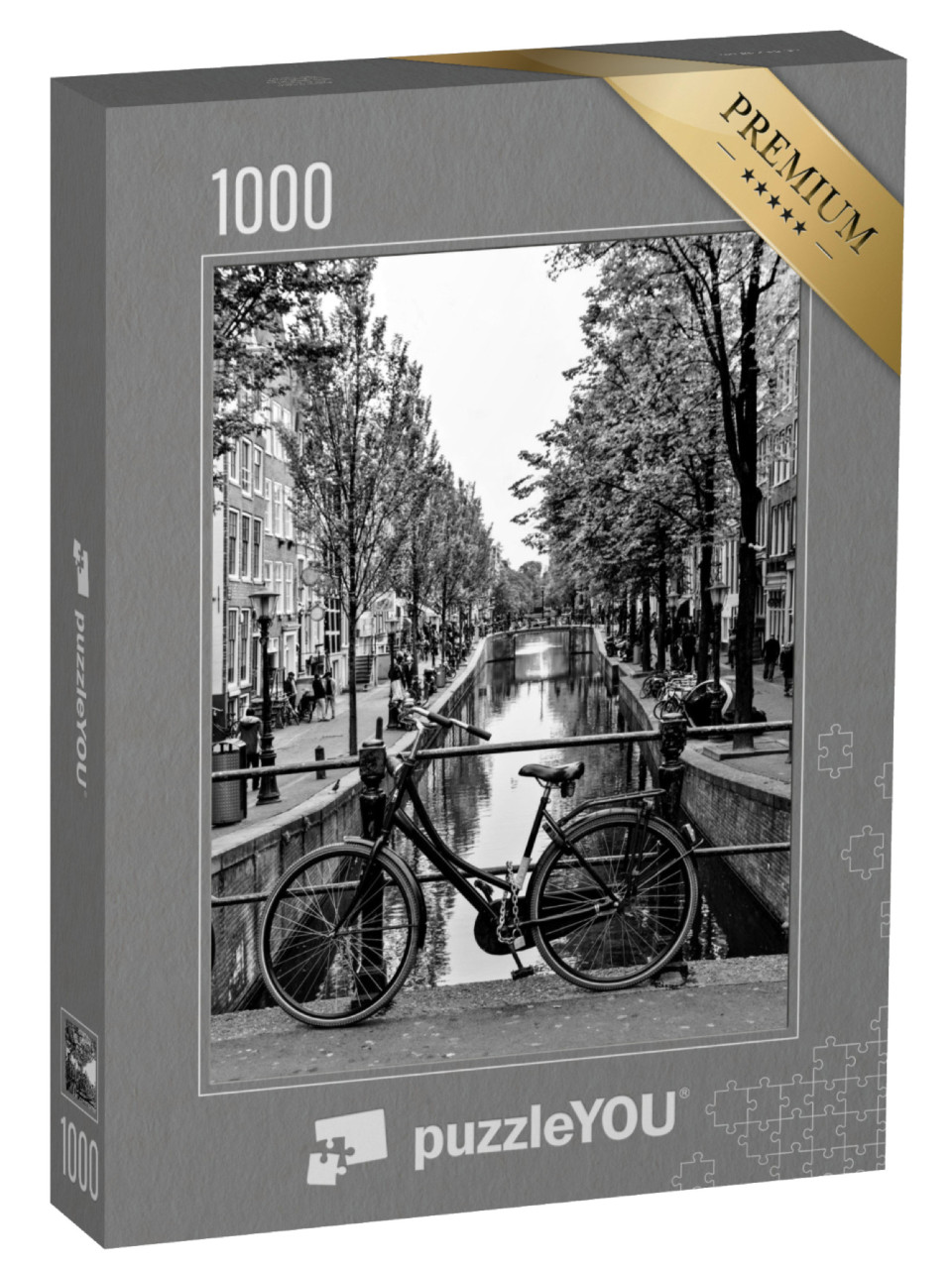 Puzzle 1000 Teile „Fahrrad auf einer Amsterdamer Grachtenbrücke, schwarz-weiß“