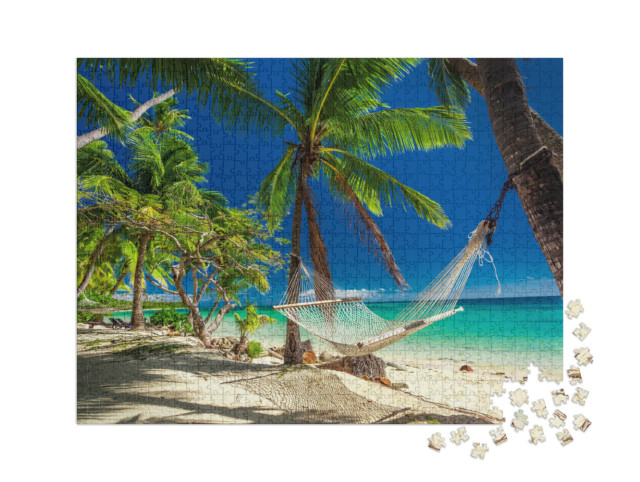Puzzle 1000 Teile XXL „Hängematte unter tropischen Palmen, Fidschi-Inseln“