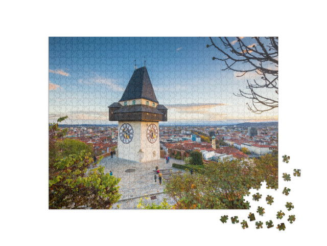 Puzzle 1000 Teile „Klassisches Panorama: Graz mit Uhrenturm bei Sonnenuntergang, Steiermark“