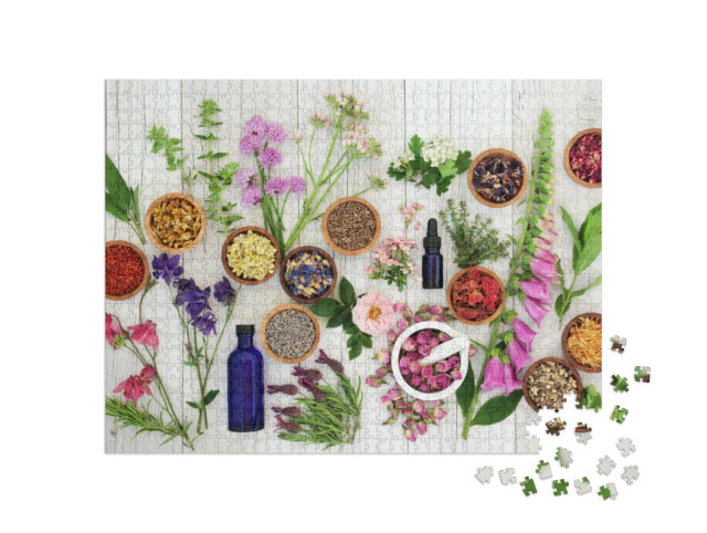 Puzzle 1000 Teile „Auswahl an Kräutern und Blumen in Holzschalen“