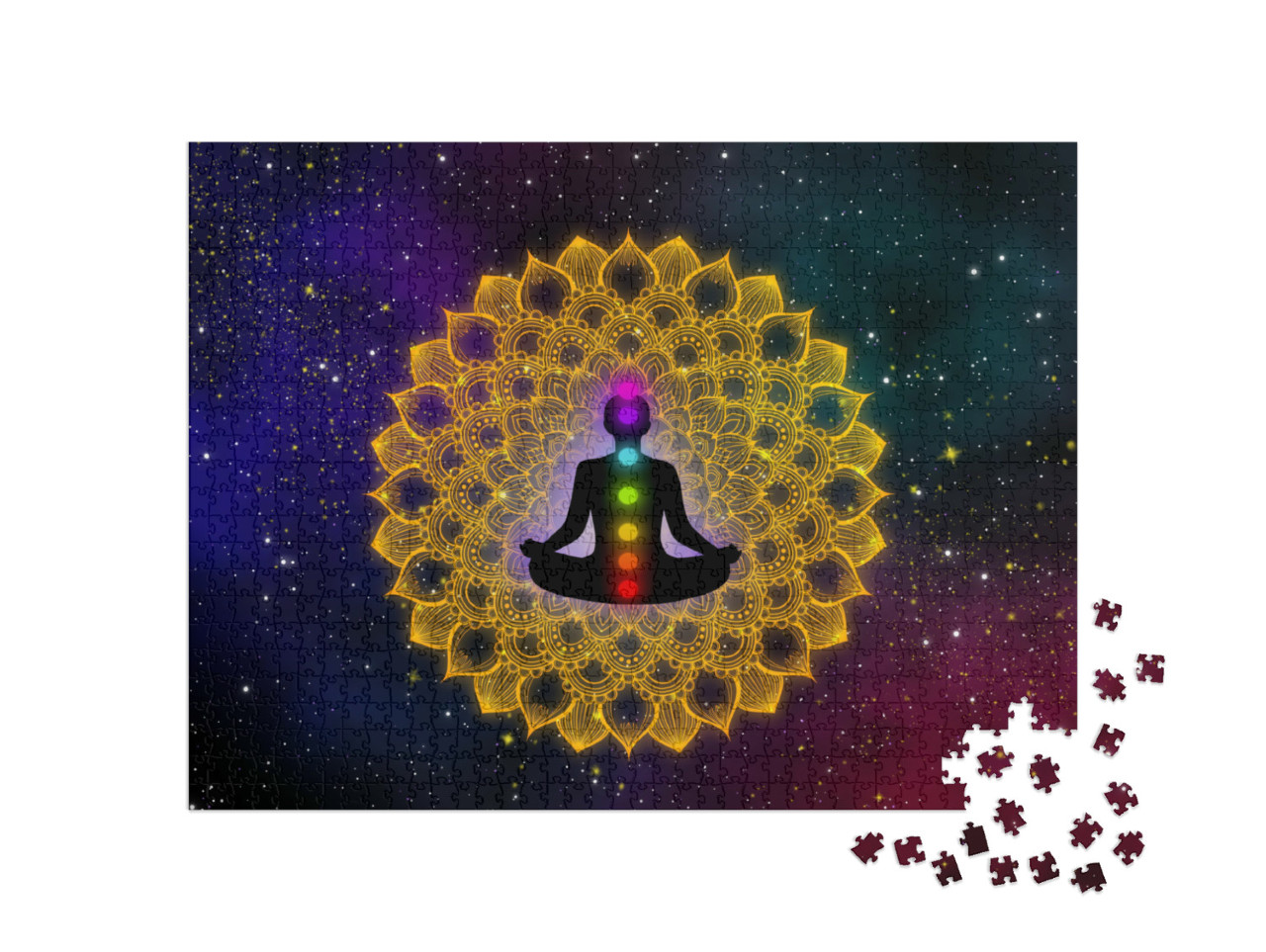 Puzzle 1000 Teile „Mann und seine sieben Chakra auf Luxus-Gold Mandala“