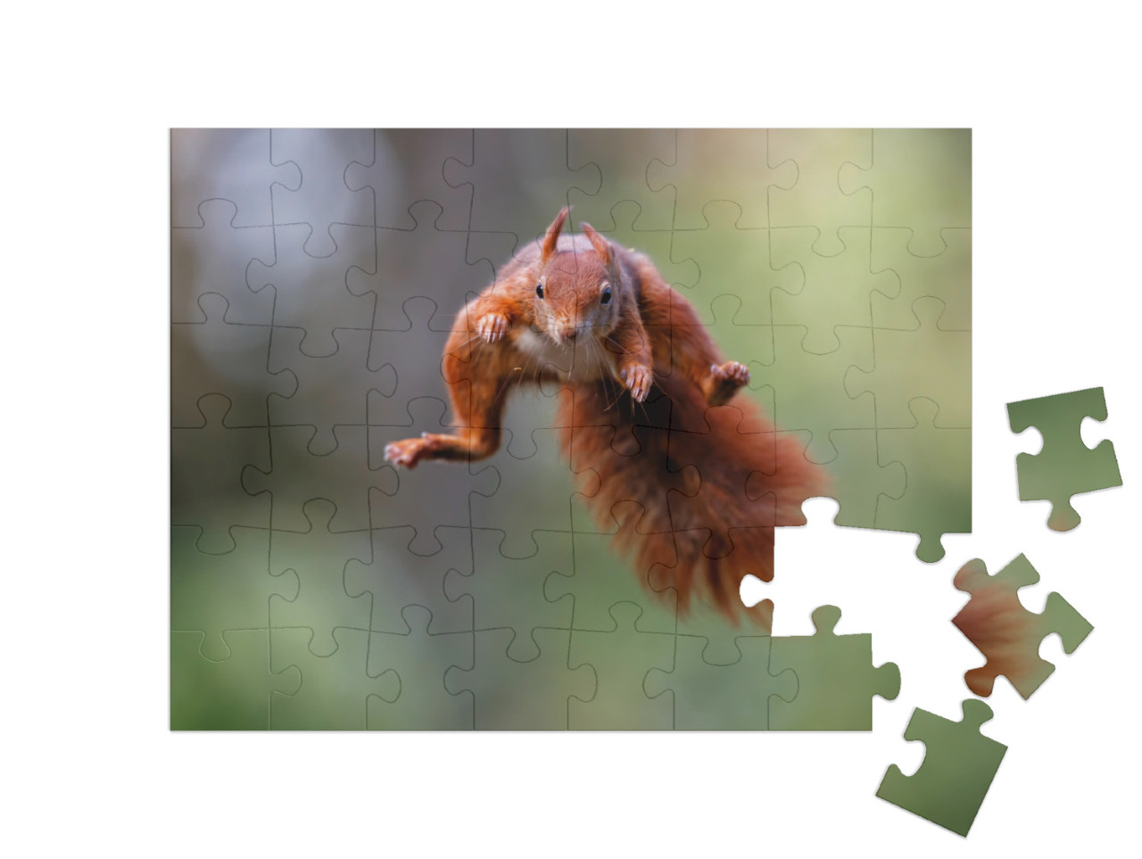 Puzzle 48 Teile „Rotes Eichhörnchen springt durch den Wald“