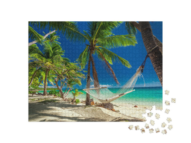 Puzzle 1000 Teile „Hängematte unter tropischen Palmen, Fidschi-Inseln“