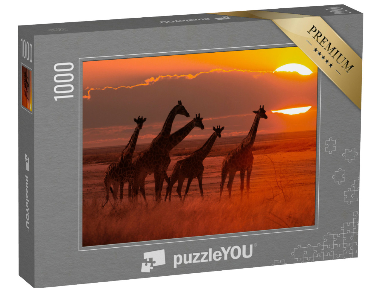 Puzzle 1000 Teile „Giraffenherde im Sonnenuntergang, Savanne in Afrika“