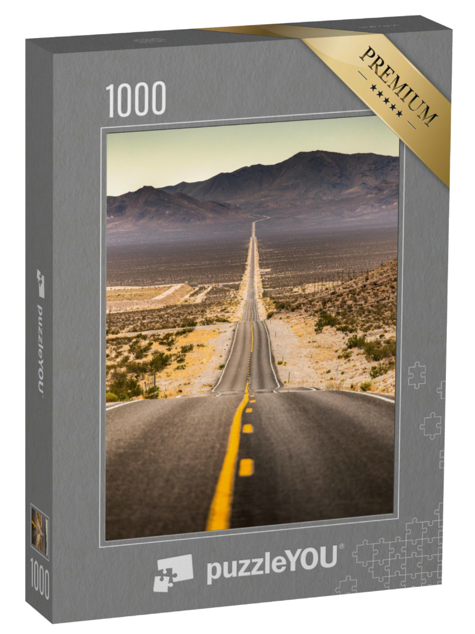 Puzzle 1000 Teile „Schier endlos gerade Straße im Staub, Kalifornien, USA“
