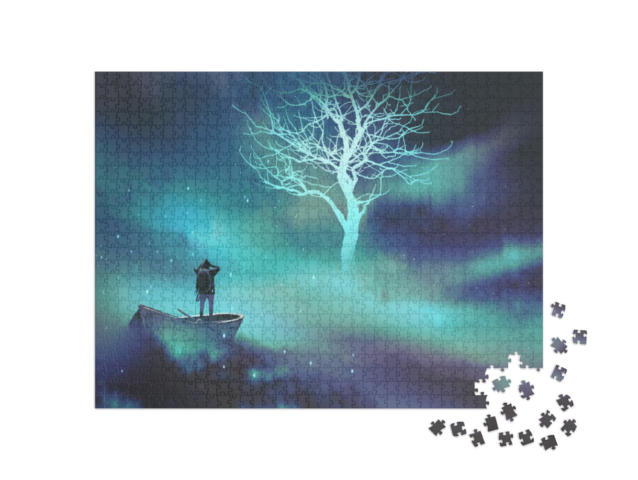 Puzzle 1000 Teile „Mann auf einem Boot im Weltraum, leuchtender Baum, Sterne, Illustration“
