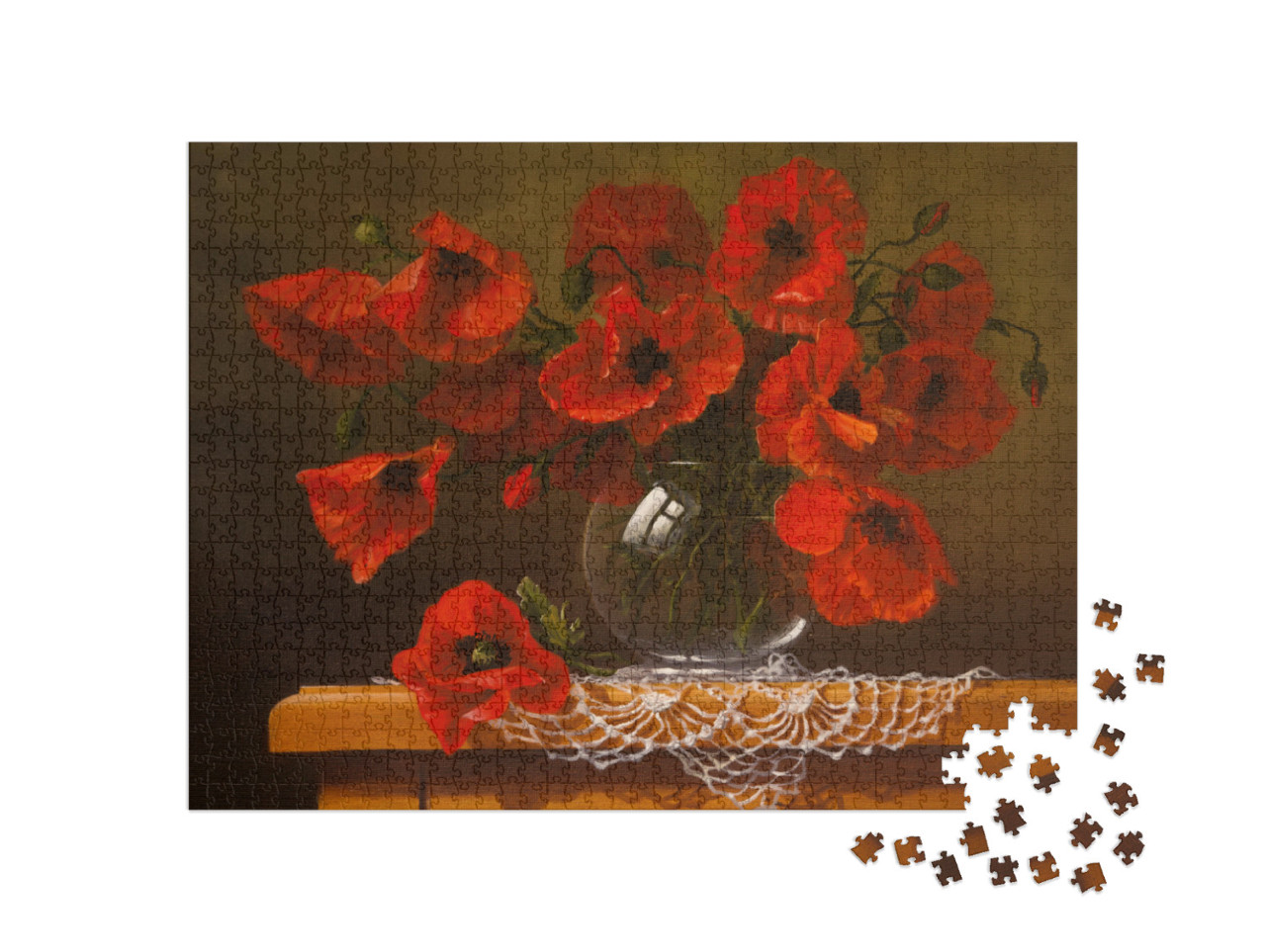 Puzzle 1000 Teile „Mohnblumen in einer Glasvase als Ölgemälde“