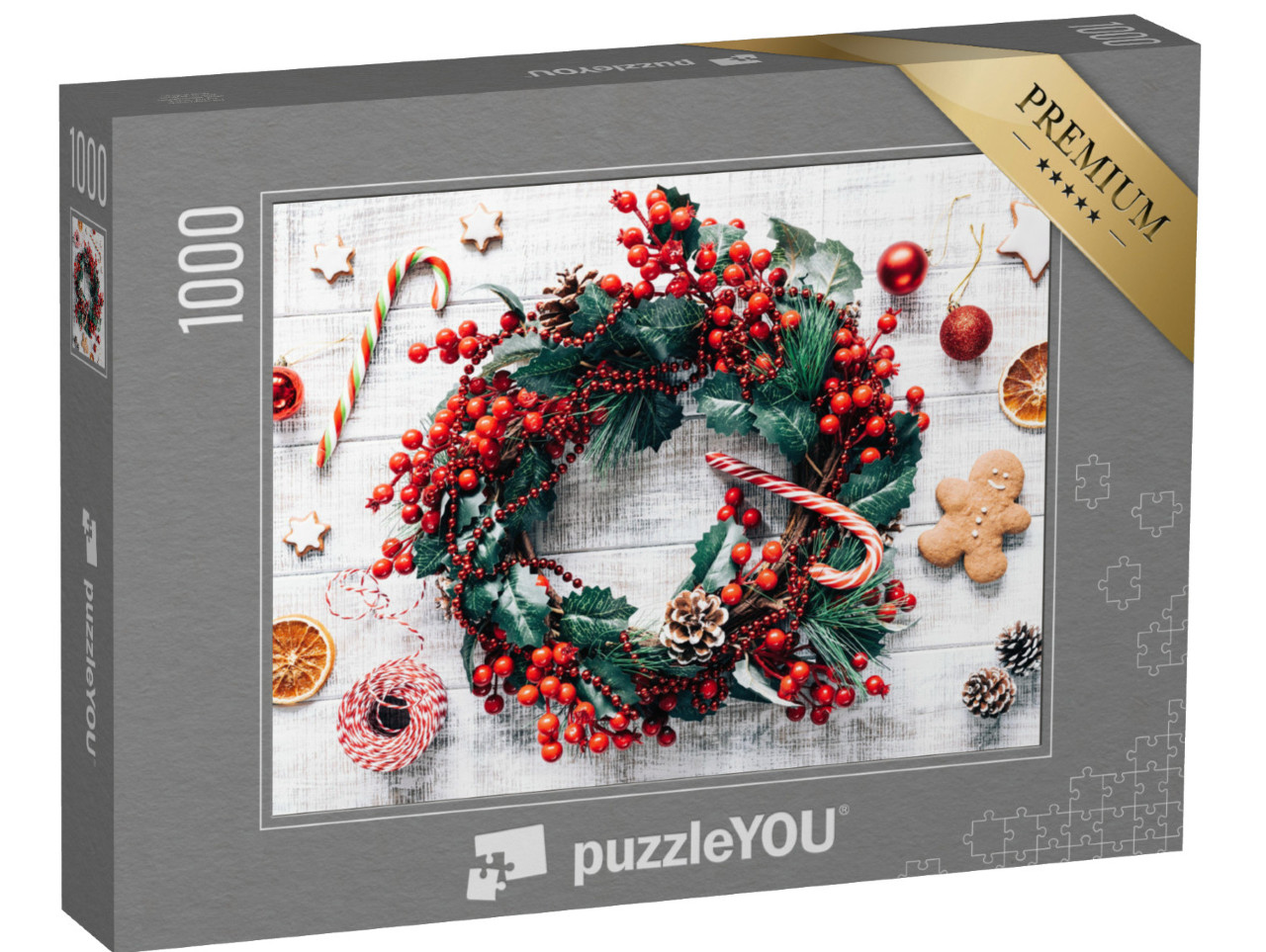 Puzzle 1000 Teile „Weihnachten: Winterkranz, Weihnachtsbaumschmuck und Lebkuchen“