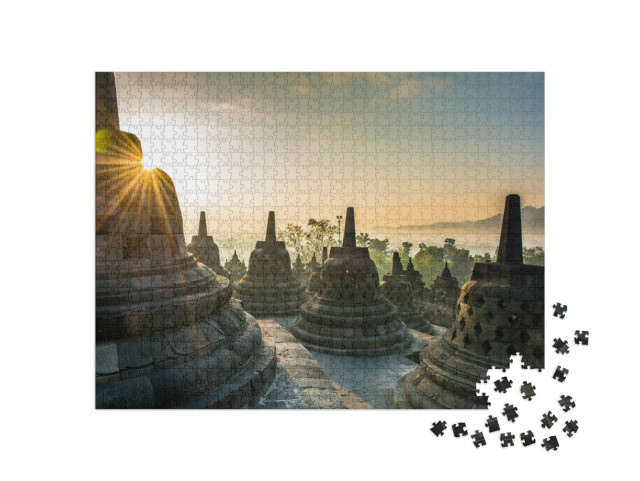 Puzzle 1000 Teile „Sonnenaufgang am buddhistischen Borobudur-Tempel, Insel Java, Indonesien“