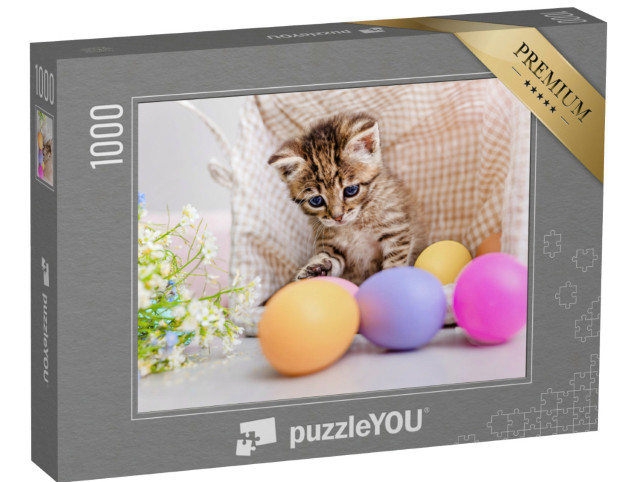 Puzzle 1000 Teile „Spielendes Kätzchen mit bunten Ostereiern“