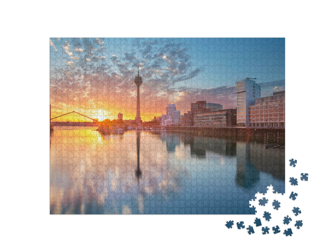 Puzzle 1000 Teile „Sonnenuntergang über dem Mediahafen in Düsseldorf, Nordrhein-Westfalen“