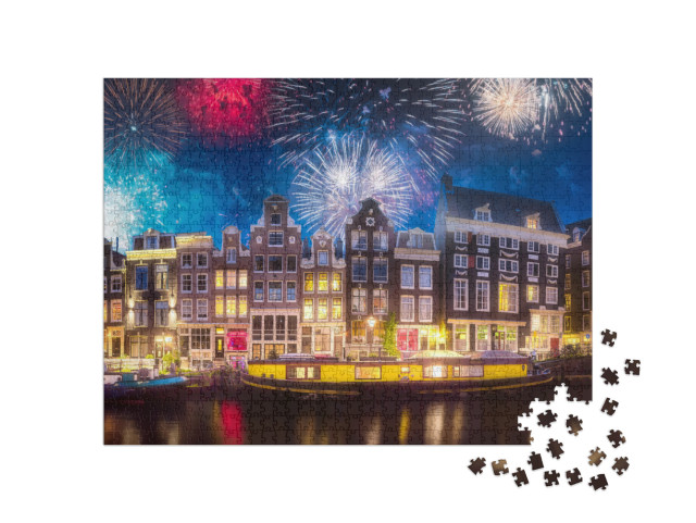 Puzzle 1000 Teile „Spektakuläres Feuerwerk über der Altstadt von Amsterdam, Niederlande“