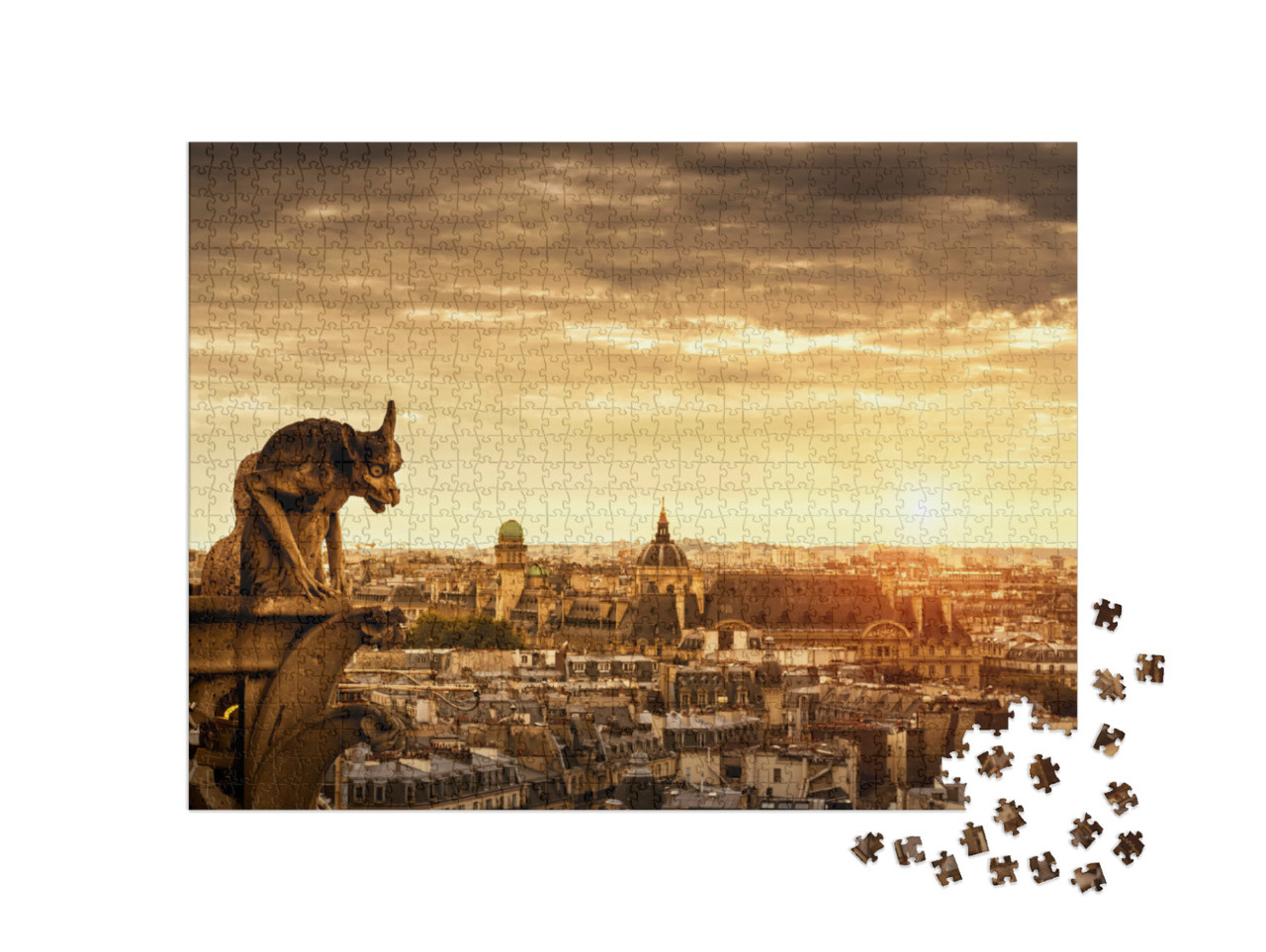 Puzzle 1000 Teile „Wasserspeier auf der Kathedrale von Notre Dame, dahinter Paris“