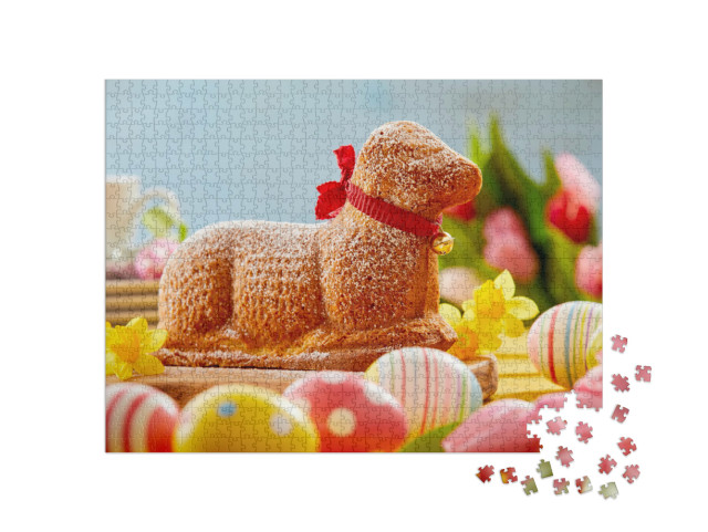 Puzzle 1000 Teile „Frohe Ostern: Osterlamm zwischen bunten Ostereiern“
