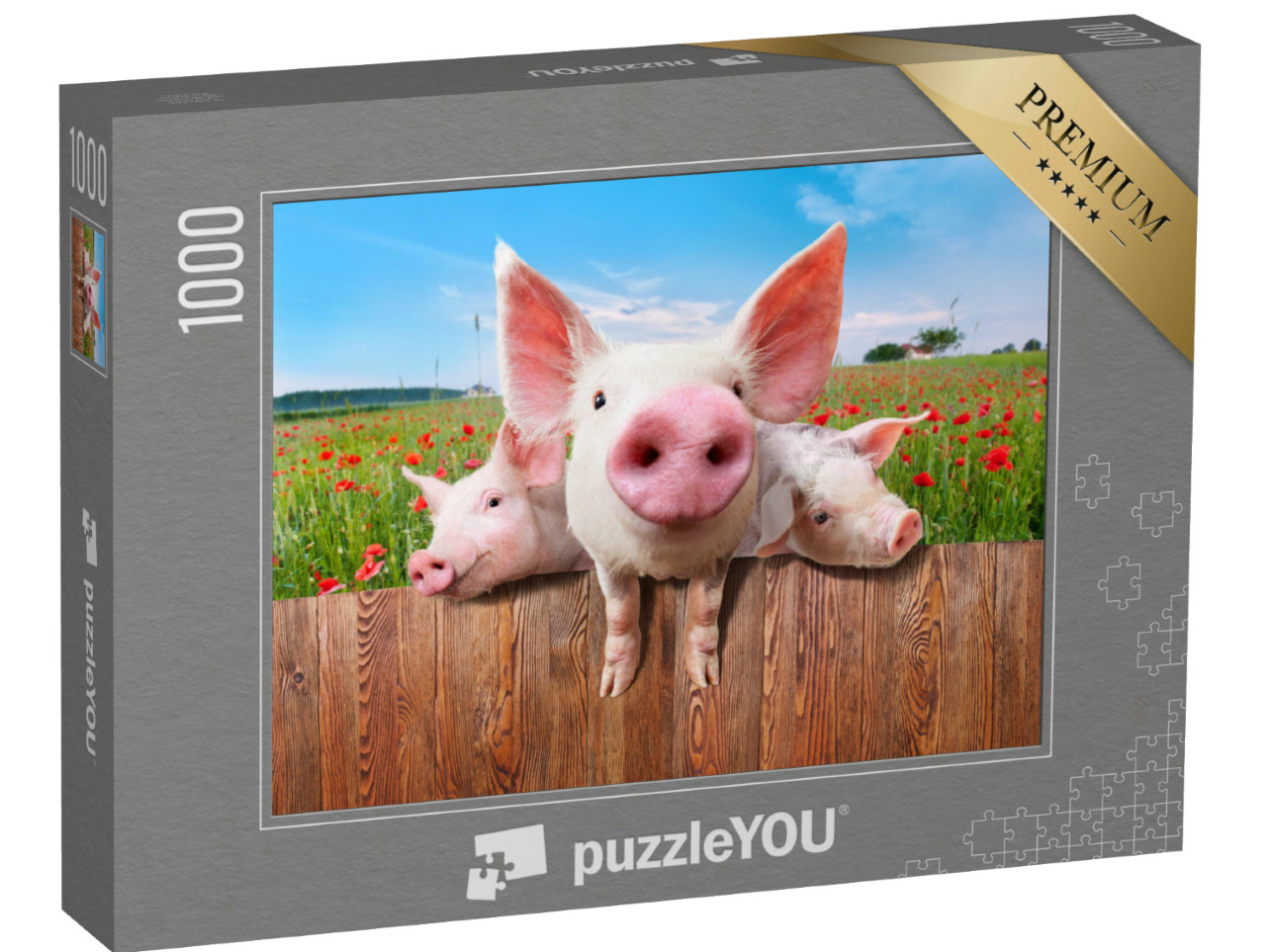 Puzzle 1000 Teile „Junge Schweine auf dem Bauernhof schauen über den Zaun“