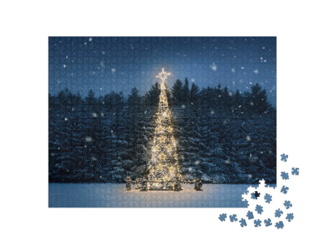 Puzzle 1000 Teile „Beleuchteter Weihnachtsbaum bei Nacht mit fallendem Schnee“