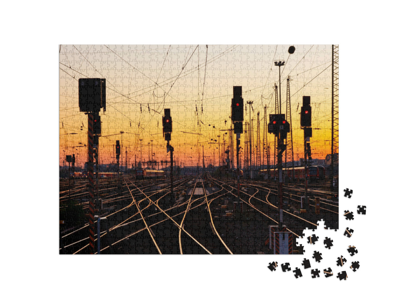 Puzzle 1000 Teile „Eisenbahnschienen in einem großen Bahnhof bei Sonnenuntergang“