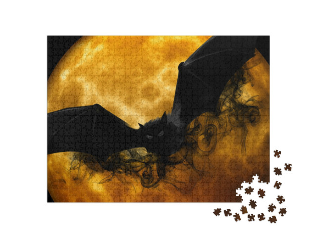 Puzzle 1000 Teile „Fledermaus vor einem orangefarbenen Mond“