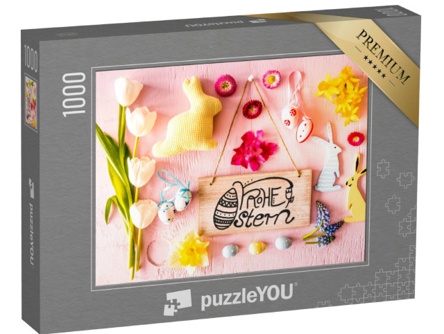Puzzle 1000 Teile „Bunte Osterdekoration in Rosa mit Hase“