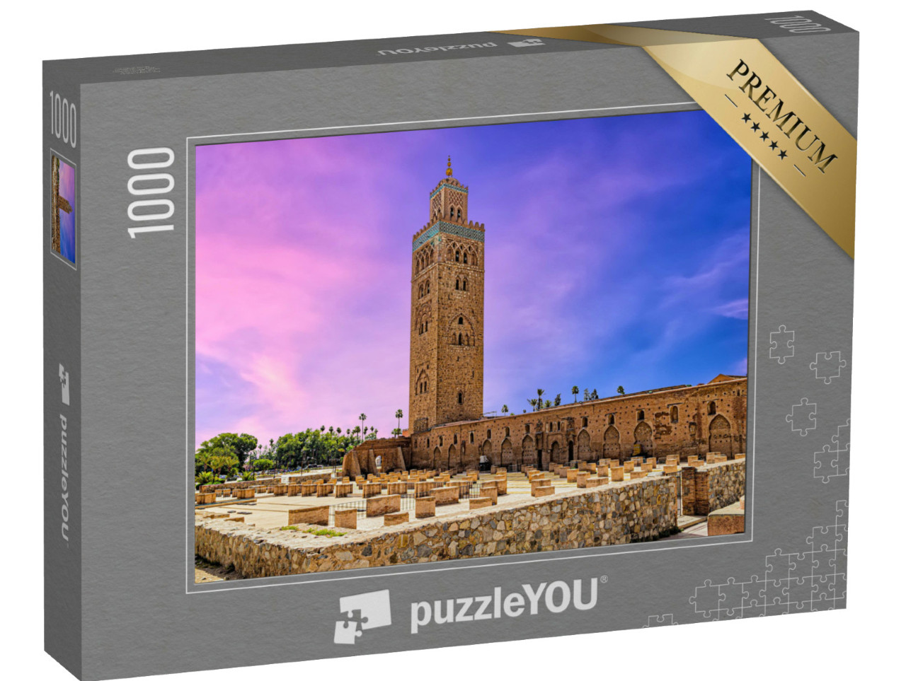 Puzzle 1000 Teile „Sonnenuntergang hinter der Koutoubia-Moschee in Marrakesch, Marokko“