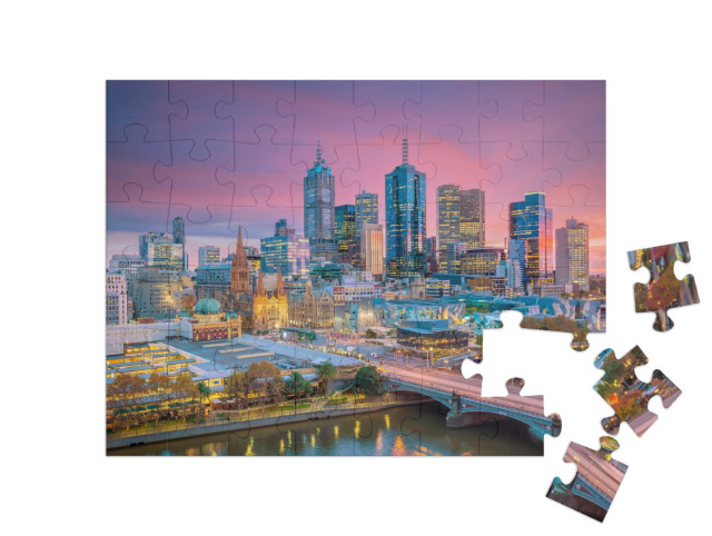Puzzle 48 Teile „Skyline von Melbourne am Abend, Australien“