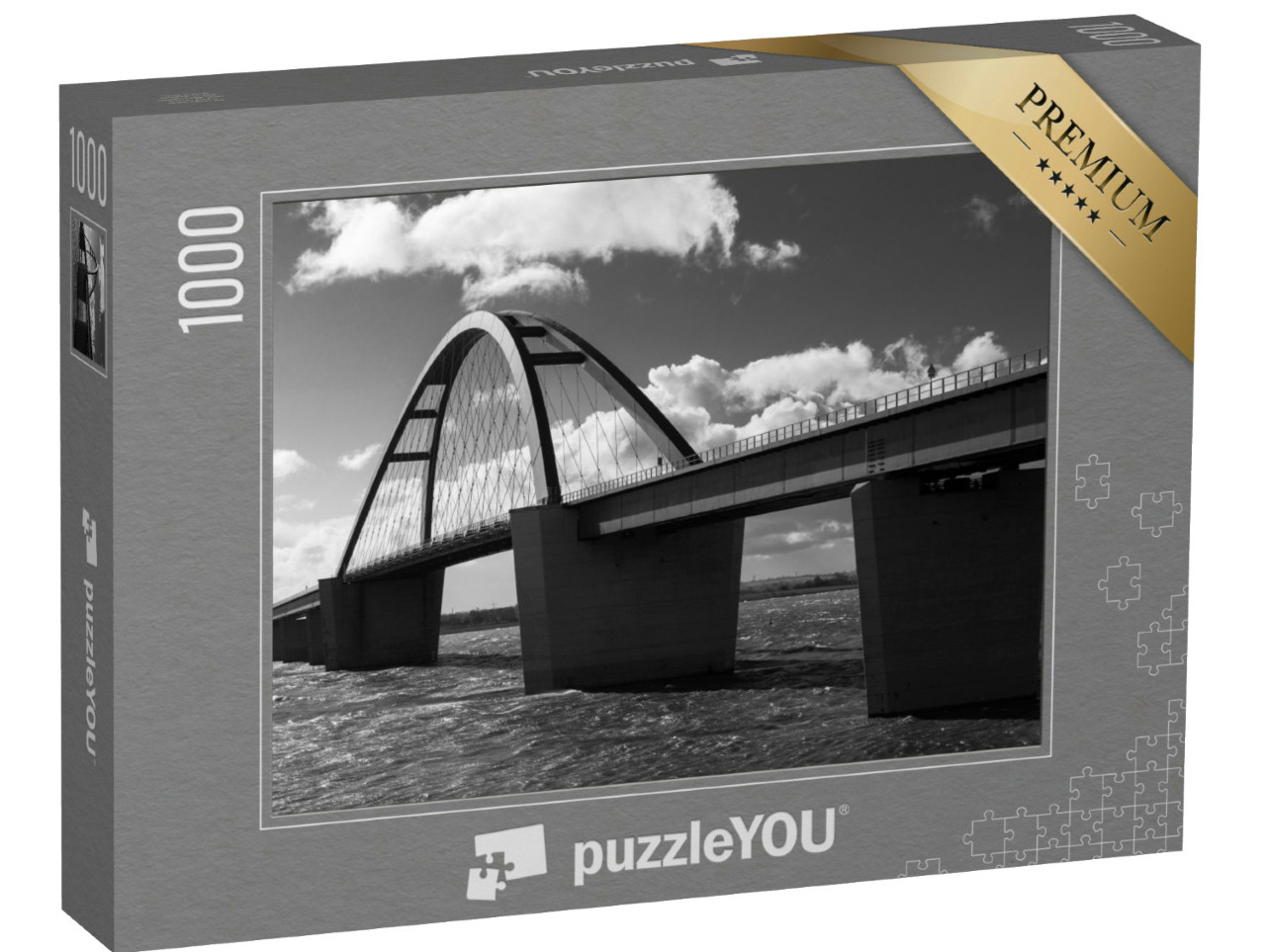 Puzzle 1000 Teile „Fehmarnsundbrücke, Ostsee, schwarz-weiß“
