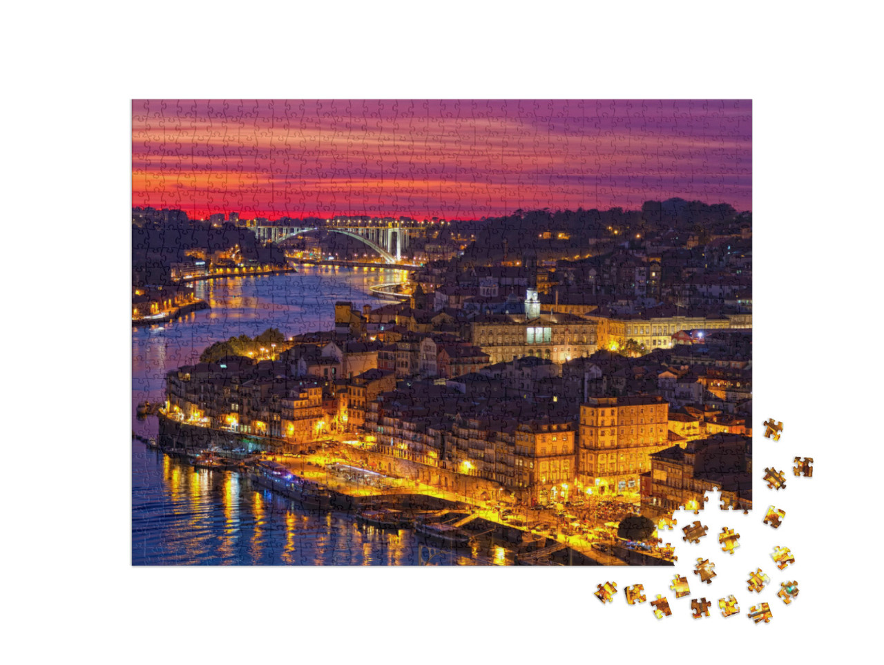 Puzzle 1000 Teile „Wunderschöne Altstadt von Porto im Sonnenuntergang, Portugal“