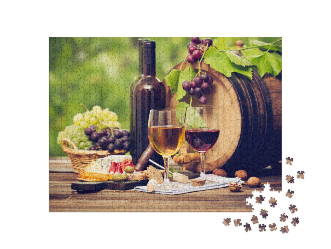Puzzle 1000 Teile „Wein und Käse auf einem Holztisch “