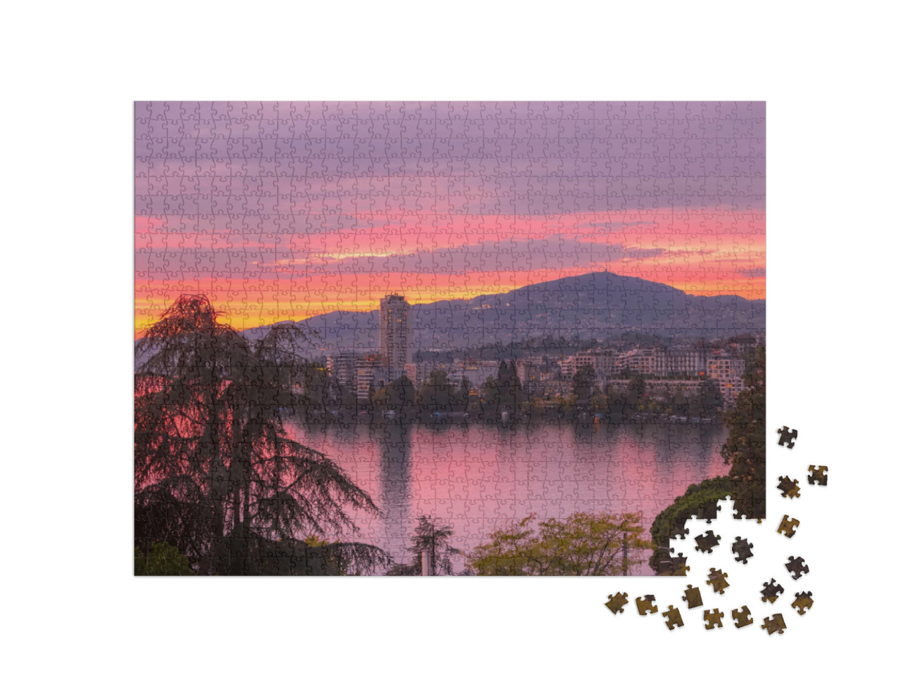 Puzzle 1000 Teile „Sonnenuntergang mit Blick auf Montreux und Genfer See, Schweiz“