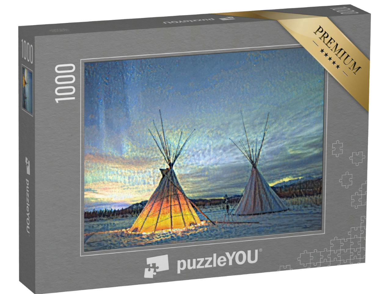 Puzzle 1000 Teile „im Stil von Paul-Cezanne - Tipies unter dem Nordlicht in Yukon, Kanada - Puzzle-Kollektion Künstler & Gemälde“