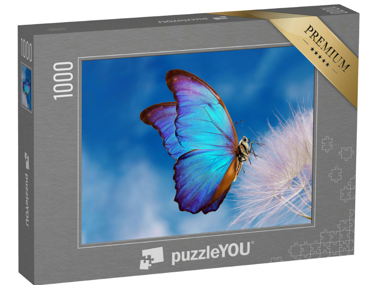 Puzzle 1000 Teile „Der blaue Morpho Schmetterling auf einer Pusteblume“