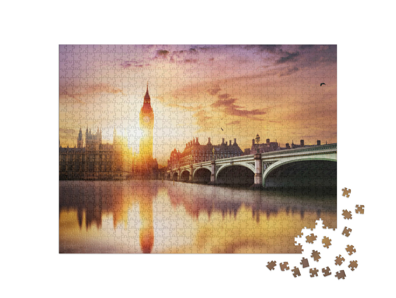 Puzzle 1000 Teile „Big Ben und Westminster Bridge in der Abenddämmerung, London, England“