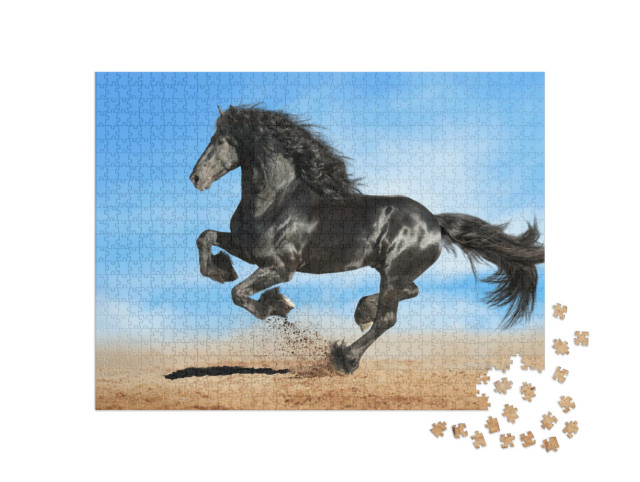 Puzzle 1000 Teile „Schwarzes Friesenpferd im kraftvollen Galopp“