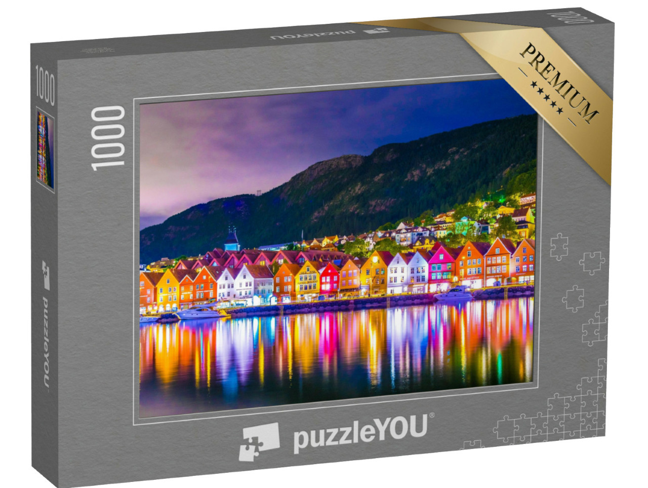 Puzzle 1000 Teile „Abendliche Beleuchtung des Holzviertels Bryggen in Bergen, Norwegen“