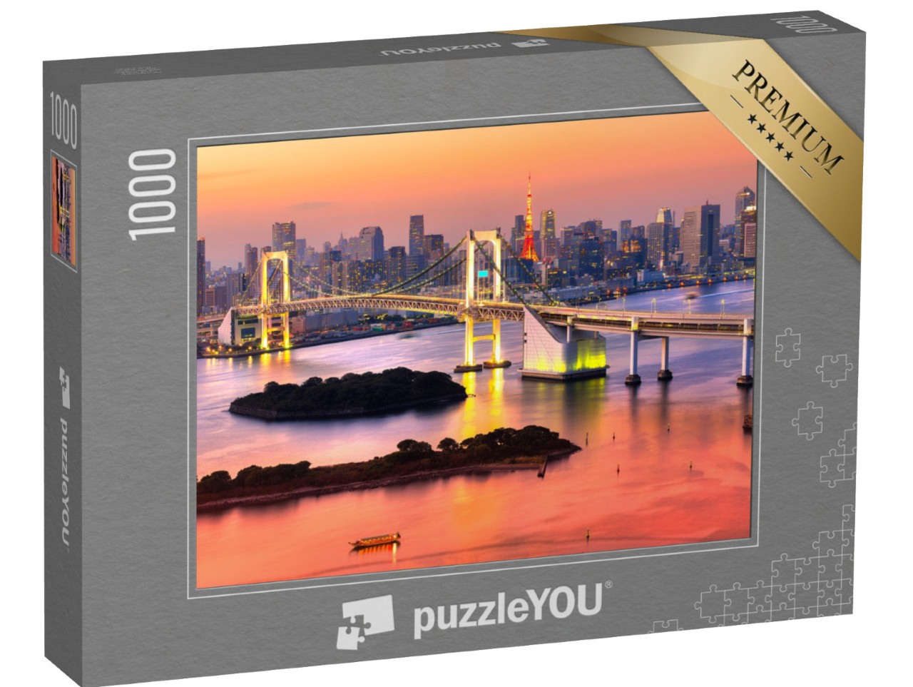 Puzzle 1000 Teile „Skyline von Tokio mit Tokio-Turm und Regenbogenbrücke, Japan“