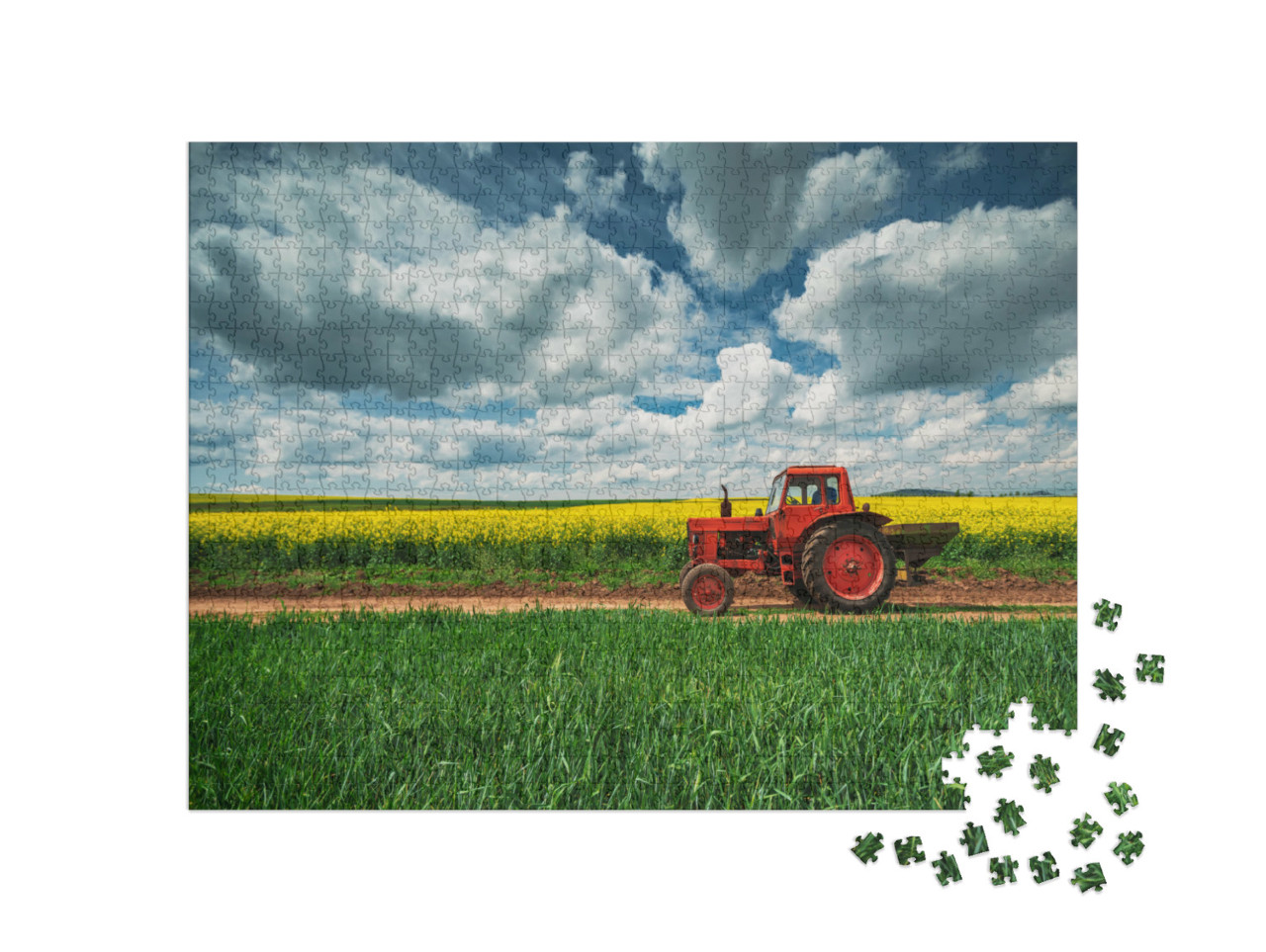 Puzzle 1000 Teile „Roter Traktor mit Kunstdüngerstreuer vor einem Rapsfeld, Oxfordshire“