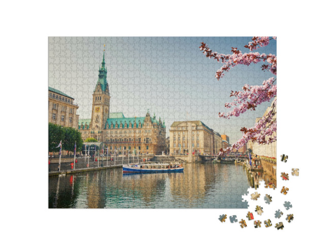 Puzzle 1000 Teile „Hamburger Rathaus und Alster im Frühjahr“