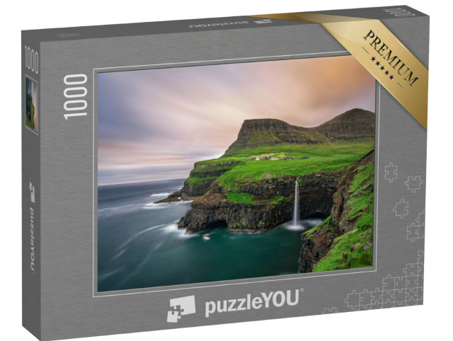 Puzzle 1000 Teile „Im Fluss: fantastischer Wasserfall von Gasadalur mit Langzeitbelichtung“