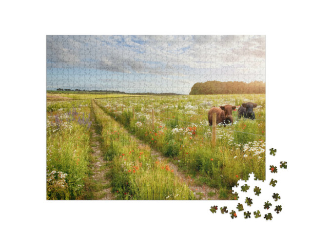 Puzzle 1000 Teile „Blumenwiese mit zwei Kühen  “
