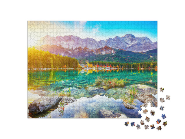 Puzzle 1000 Teile „Der Eibsee vor dem Zugspitzgipfel bei Garmisch-Partenkirchen“