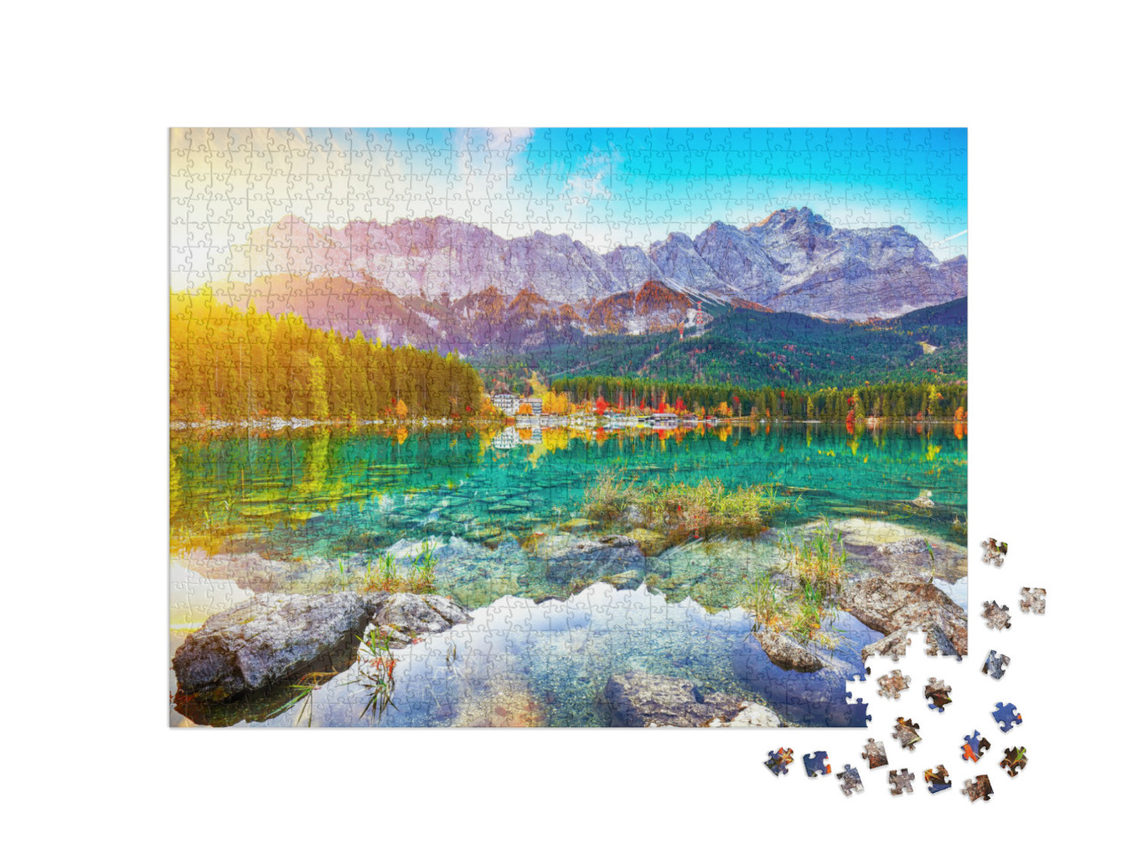 Puzzle 1000 Teile „Der Eibsee vor dem Zugspitzgipfel bei Garmisch-Partenkirchen“