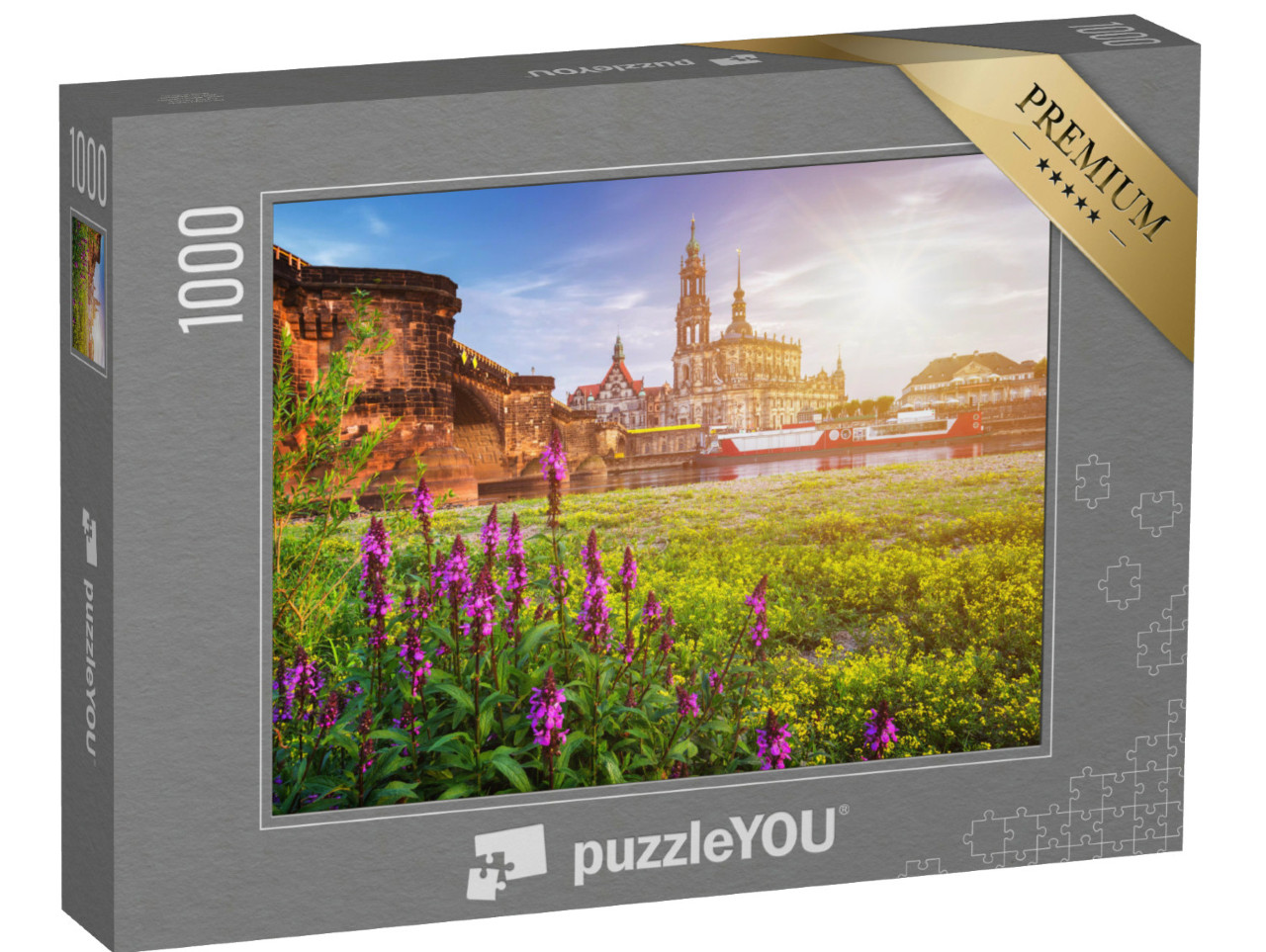 Puzzle 1000 Teile „Dresdner Stadtsilhouette mit Elbe und Augustusbrücke, Deutschland“