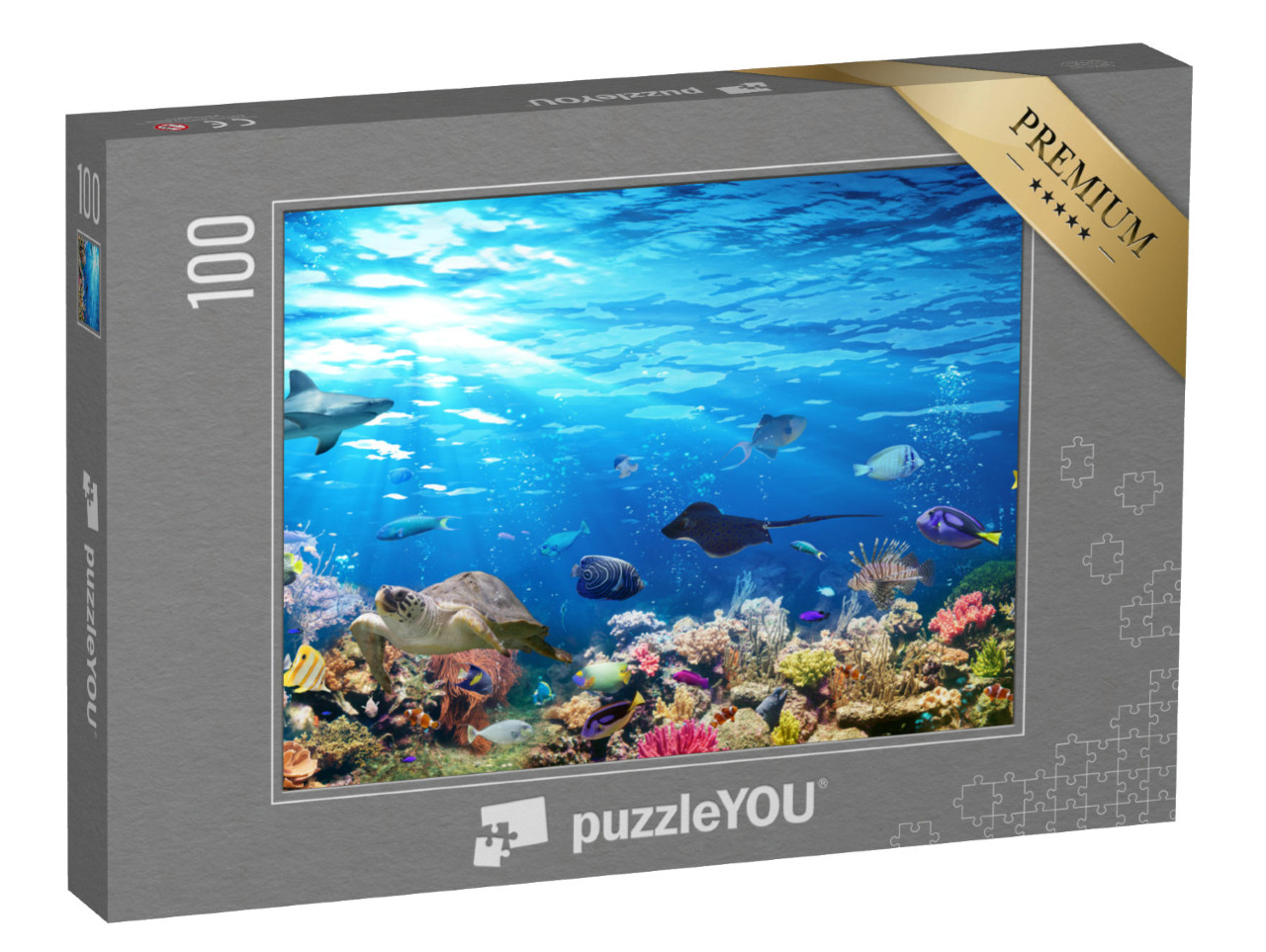 Puzzle 100 Teile „Unterwasser-Szene mit Korallenriff, Fischen, Haien, Schildkröte und Manta“