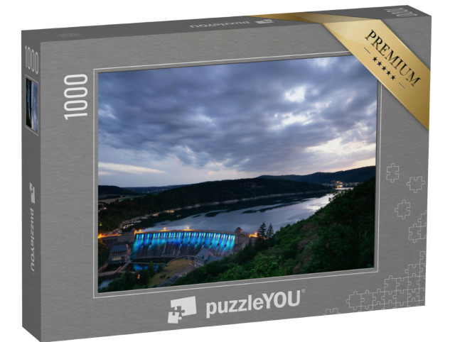 Puzzle 1000 Teile „Blick vom Aussichtspunkt Kleine Kanzel am Edersee bei Sonnenuntergang“