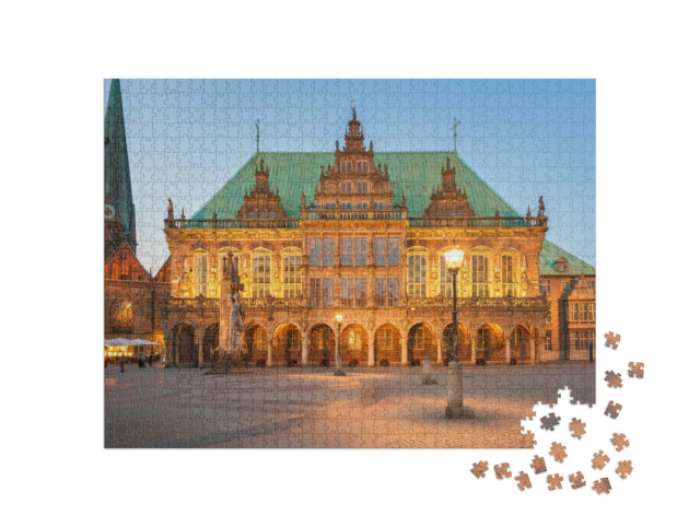 Puzzle 1000 Teile „Abendlich beleuchtetes Rathaus der Stadt Bremen, Deutschland“
