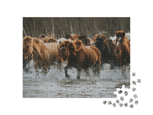 Puzzle 1000 Teile „Große Gruppe brauner und weißer Pferde in einem Waldgebiet in der Mongolei“