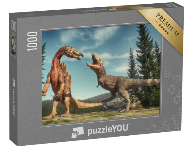 Puzzle 1000 Teile „Kampf zwischen Spinosaurus und T Rex auf dem Jurassic Valley“