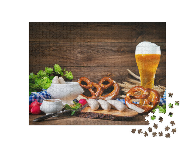 Puzzle 1000 Teile „Typisch bayerisch: Weißwurstfrühstück mit Brezeln“
