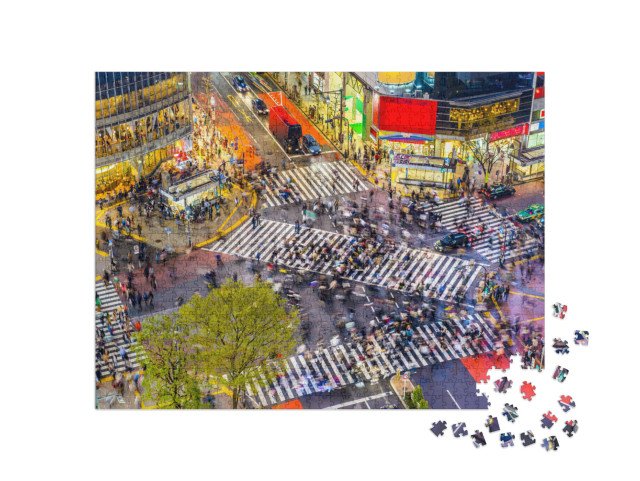 Puzzle 1000 Teile „Ansicht der Shibuya-Kreuzung, einer der belebtesten Zebrastreifen der Welt, Tokio, Japan “